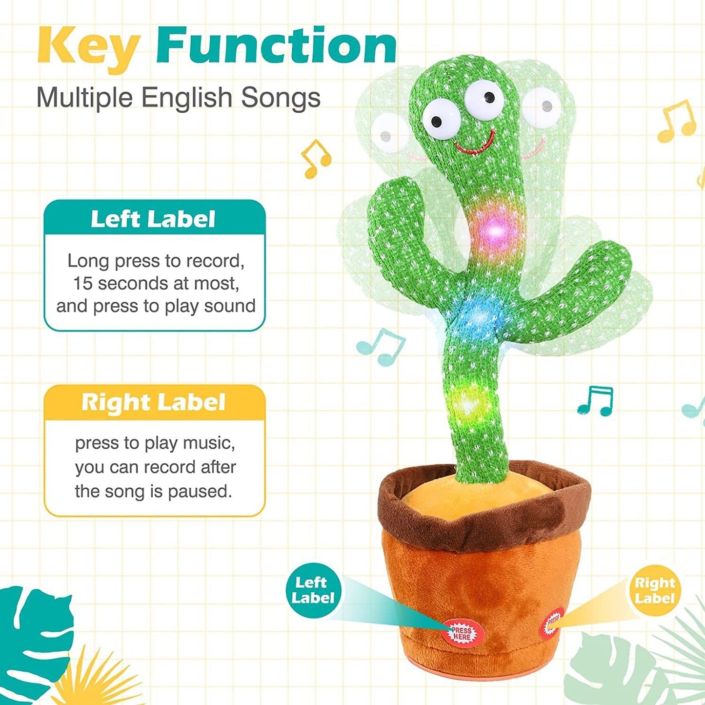 Dancing Cactus Talking Toy Kids Children Plush Electronic Toys Baby Singing Wriggle Voice Recording