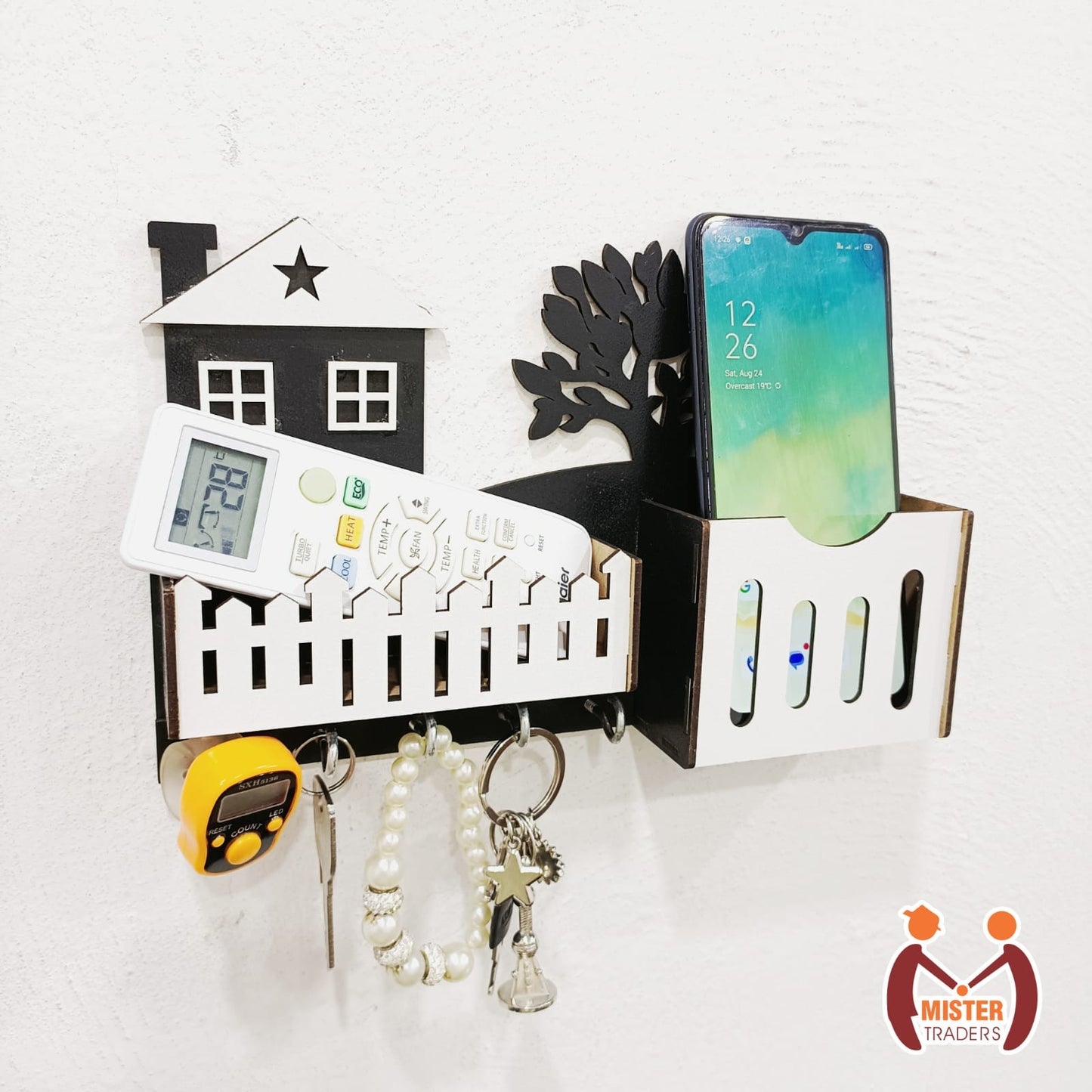 Mister Traders Brand Multipurpose Wooden Wall Hanger | Mobile Charging Stand | Keys Hanging
